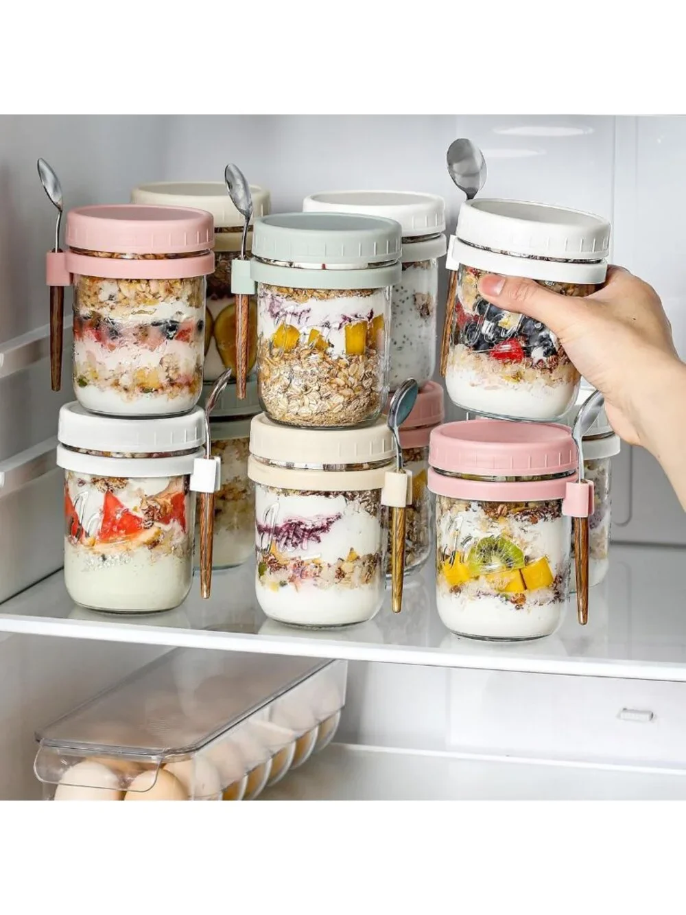 4 Pack Glass Mason Jars with Lids & Spoons - Airtight Overnight Oats Containers